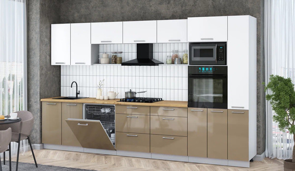 Изображение товара Кухонный гарнитур Интерлиния Мила Gloss 3.5-ПМ1 (капучино глянец/белый/дуб бунратти)