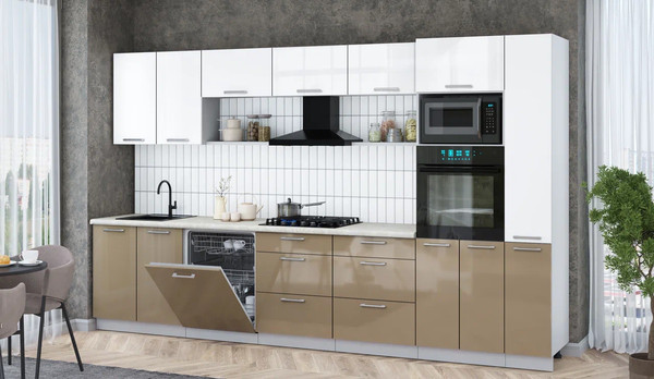 Изображение товара Кухонный гарнитур Интерлиния Мила Gloss 3.5-ПМ1 (капучино глянец/белый глянец/опал светлый)