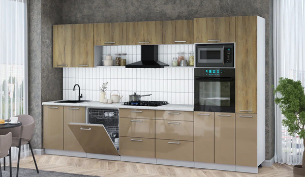 Изображение товара Кухонный гарнитур Интерлиния Мила Gloss 3.5-ПМ1 (капучино глянец/дуб вотан/серый каспий)