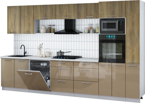 Изображение товара Кухонный гарнитур Интерлиния Мила Gloss 3.5-ПМ1 (капучино глянец/дуб вотан/серый каспий)