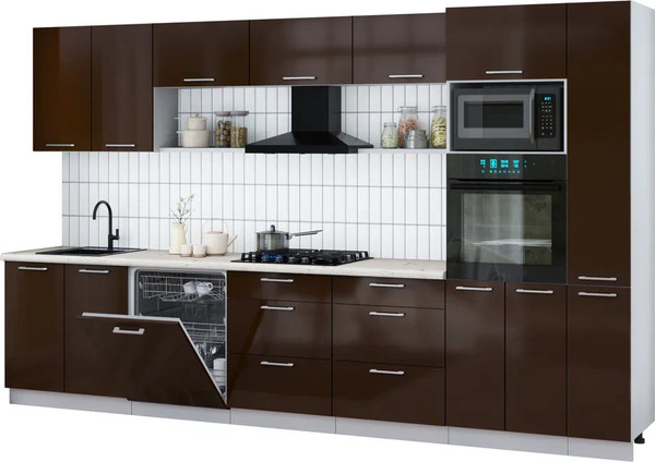 Изображение товара Кухонный гарнитур Интерлиния Мила Gloss 3.5-ПМ1 (шоколад глянец/шоколад глянец/бискайская сосна)