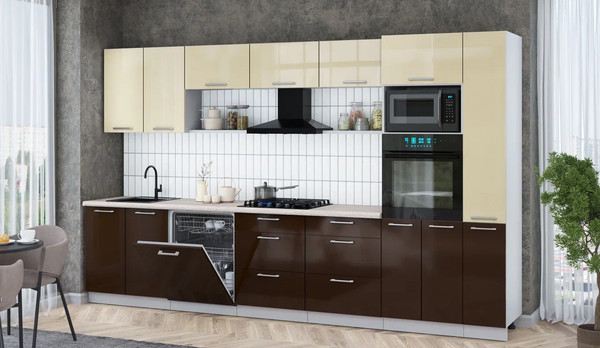 Изображение товара Кухонный гарнитур Интерлиния Мила Gloss 3.5-ПМ1 (шоколад глянец/ваниль глянец/травертин серый)