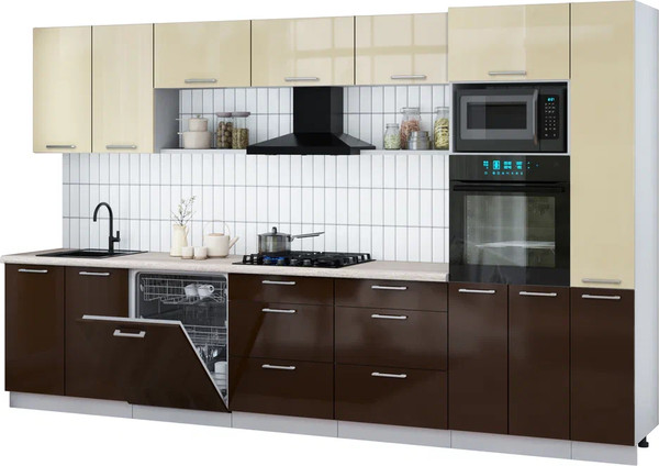 Изображение товара Кухонный гарнитур Интерлиния Мила Gloss 3.5-ПМ1 (шоколад глянец/ваниль глянец/травертин серый)