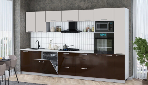 Изображение товара Кухонный гарнитур Интерлиния Мила Gloss 3.5-ПМ1 (шоколад глянец/кашемир/серый каспий)