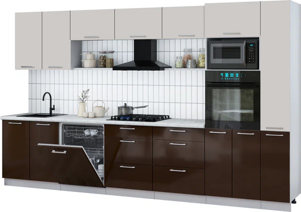 Изображение товара Кухонный гарнитур Интерлиния Мила Gloss 3.5-ПМ1 (шоколад глянец/кашемир/серый каспий)