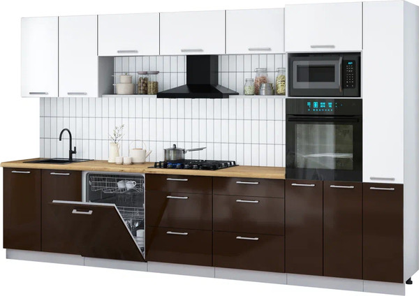 Изображение товара Кухонный гарнитур Интерлиния Мила Gloss 3.5-ПМ1 (шоколад глянец/белый/дуб бунратти)