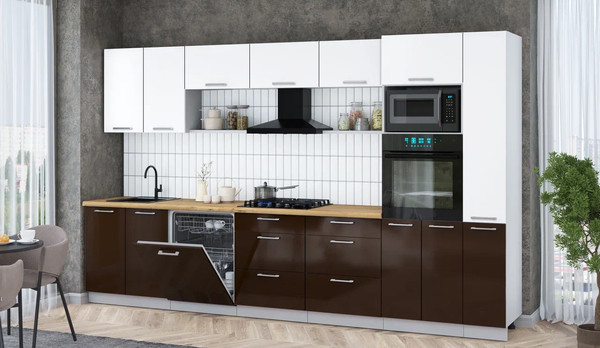 Изображение товара Кухонный гарнитур Интерлиния Мила Gloss 3.5-ПМ1 (шоколад глянец/белый/дуб бунратти)