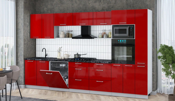 Изображение товара Кухонный гарнитур Интерлиния Мила Gloss 3.5-ПМ1 (красный глянец/красный глянец/кастилло темный)