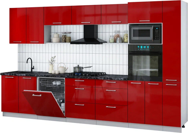Изображение товара Кухонный гарнитур Интерлиния Мила Gloss 3.5-ПМ1 (красный глянец/красный глянец/кастилло темный)