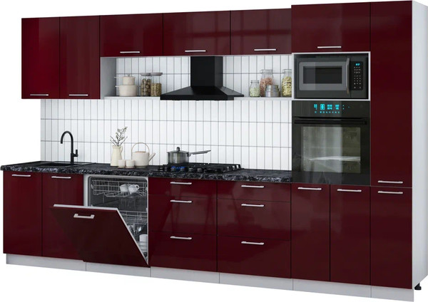 Изображение товара Кухонный гарнитур Интерлиния Мила Gloss 3.5-ПМ1 (бордовый глянец/бордовый глянец/кастилло темный)