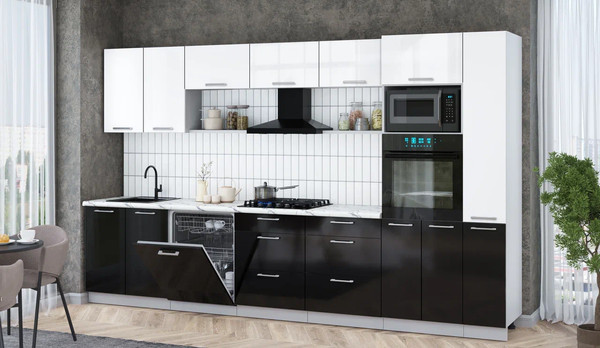 Изображение товара Кухонный гарнитур Интерлиния Мила Gloss 3.5-ПМ1 (черный глянец/белый глянец/белый гранит)