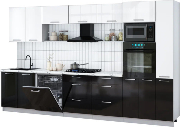 Изображение товара Кухонный гарнитур Интерлиния Мила Gloss 3.5-ПМ1 (черный глянец/белый глянец/белый гранит)