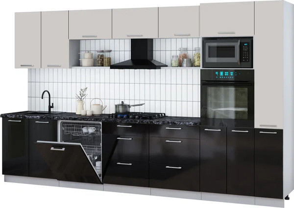 Изображение товара Кухонный гарнитур Интерлиния Мила Gloss 3.5-ПМ1 (черный глянец/кашемир/кастилло темный)