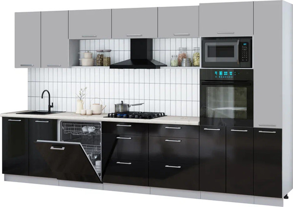 Изображение товара Кухонный гарнитур Интерлиния Мила Gloss 3.5-ПМ1 (черный глянец/грей/бискайская сосна)