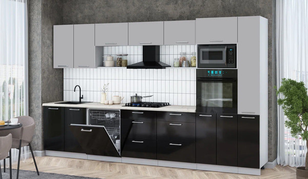 Изображение товара Кухонный гарнитур Интерлиния Мила Gloss 3.5-ПМ1 (черный глянец/грей/бискайская сосна)