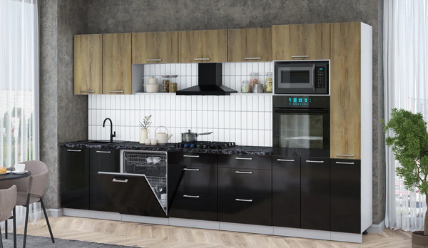 Изображение товара Кухонный гарнитур Интерлиния Мила Gloss 3.5-ПМ1 (черный глянец/дуб вотан/кастилло темный)