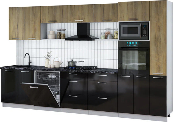 Изображение товара Кухонный гарнитур Интерлиния Мила Gloss 3.5-ПМ1 (черный глянец/дуб вотан/кастилло темный)