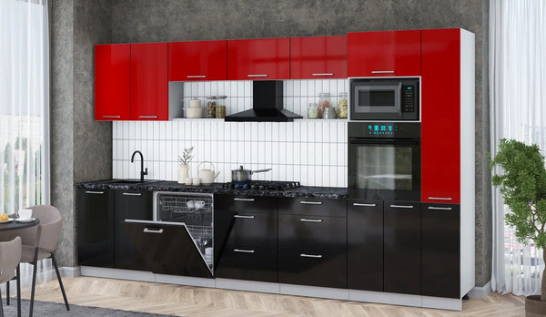 Изображение товара Кухонный гарнитур Интерлиния Мила Gloss 3.5-ПМ1 (черный глянец/красный глянец/кастилло темный)