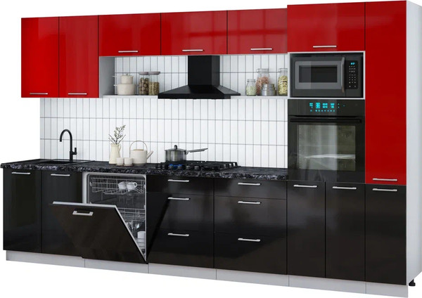 Изображение товара Кухонный гарнитур Интерлиния Мила Gloss 3.5-ПМ1 (черный глянец/красный глянец/кастилло темный)