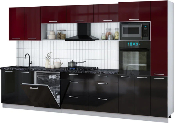 Изображение товара Кухонный гарнитур Интерлиния Мила Gloss 3.5-ПМ1 (черный глянец/бордовый глянец/кастилло темный)