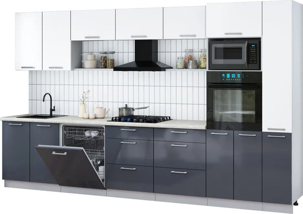 Изображение товара Кухонный гарнитур Интерлиния Мила Gloss 3.5-ПМ1 (асфальт глянец/белый/опал светлый)