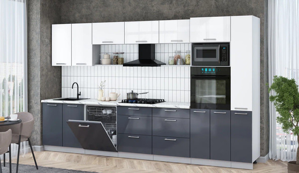 Изображение товара Кухонный гарнитур Интерлиния Мила Gloss 3.5-ПМ1 (асфальт глянец/белый глянец/белый гранит)