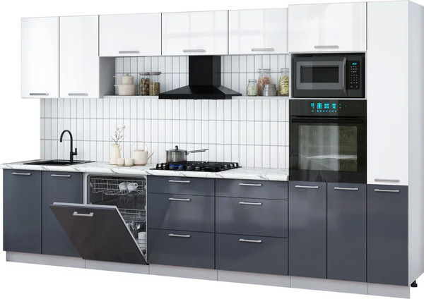 Изображение товара Кухонный гарнитур Интерлиния Мила Gloss 3.5-ПМ1 (асфальт глянец/белый глянец/белый гранит)