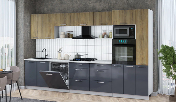 Изображение товара Кухонный гарнитур Интерлиния Мила Gloss 3.5-ПМ1 (асфальт глянец/дуб вотан/серый каспий)