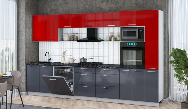 Изображение товара Кухонный гарнитур Интерлиния Мила Gloss 3.5-ПМ1 (асфальт глянец/красный глянец/кастилло темный)