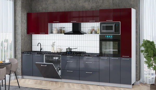 Изображение товара Кухонный гарнитур Интерлиния Мила Gloss 3.5-ПМ1 (асфальт глянец/бордовый глянец/кастилло темный)