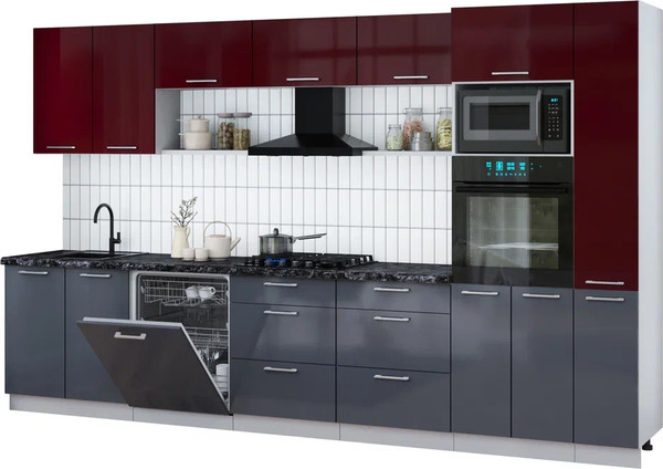 Изображение товара Кухонный гарнитур Интерлиния Мила Gloss 3.5-ПМ1 (асфальт глянец/бордовый глянец/кастилло темный)