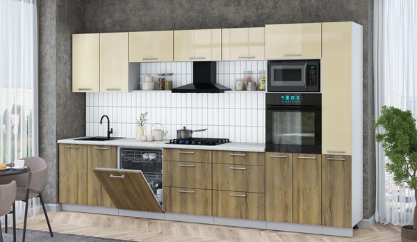 Изображение товара Кухонный гарнитур Интерлиния Мила Gloss 3.5-ПМ1 (дуб вотан/ваниль глянец/серый каспий)