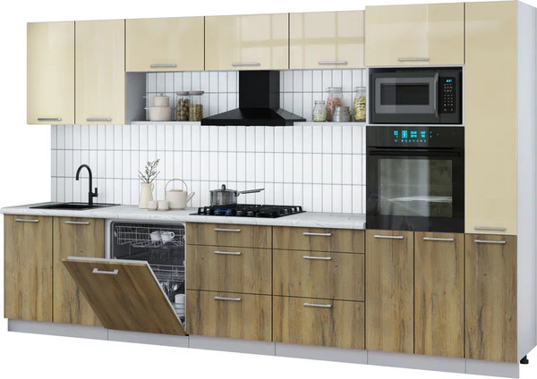 Изображение товара Кухонный гарнитур Интерлиния Мила Gloss 3.5-ПМ1 (дуб вотан/ваниль глянец/серый каспий)