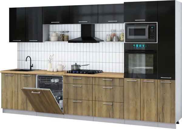 Изображение товара Кухонный гарнитур Интерлиния Мила Gloss 3.5-ПМ1 (дуб вотан/черный глянец/дуб бунратти)
