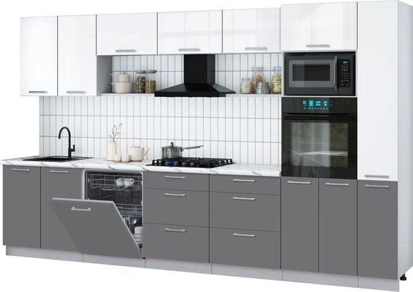 Изображение товара Кухонный гарнитур Интерлиния Мила Gloss 3.5-ПМ1 (серый/белый глянец/белый гранит)