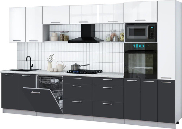 Изображение товара Кухонный гарнитур Интерлиния Мила Gloss 3.5-ПМ1 (пепел/белый глянец/серый каспий)