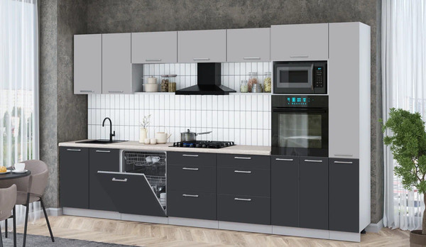 Изображение товара Кухонный гарнитур Интерлиния Мила Gloss 3.5-ПМ1 (пепел/грей/травертин серый)