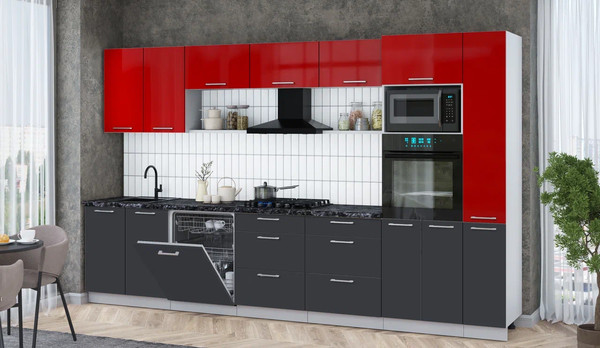 Изображение товара Кухонный гарнитур Интерлиния Мила Gloss 3.5-ПМ1 (пепел/красный глянец/кастилло темный)