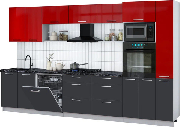 Изображение товара Кухонный гарнитур Интерлиния Мила Gloss 3.5-ПМ1 (пепел/красный глянец/кастилло темный)