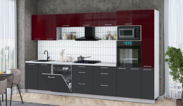 Изображение товара Кухонный гарнитур Интерлиния Мила Gloss 3.5-ПМ1 (пепел/бордовый глянец/серый каспий)