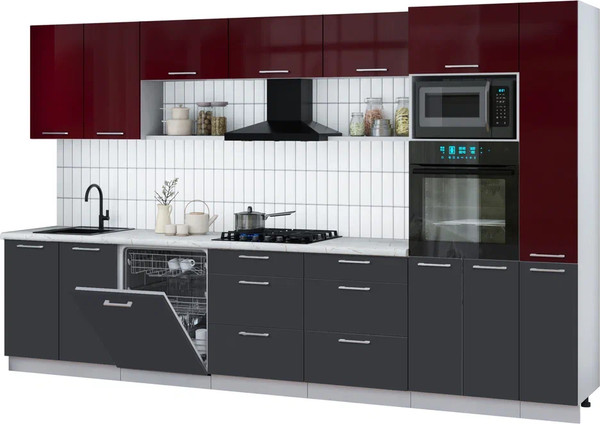 Изображение товара Кухонный гарнитур Интерлиния Мила Gloss 3.5-ПМ1 (пепел/бордовый глянец/серый каспий)