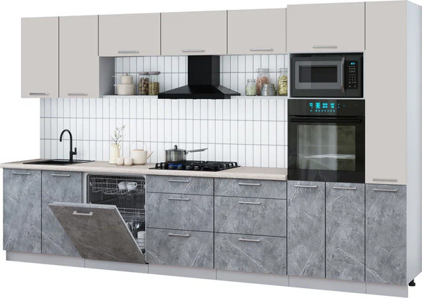 Изображение товара Кухонный гарнитур Интерлиния Мила Gloss 3.5-ПМ1 (керамика/кашемир/травертин серый)