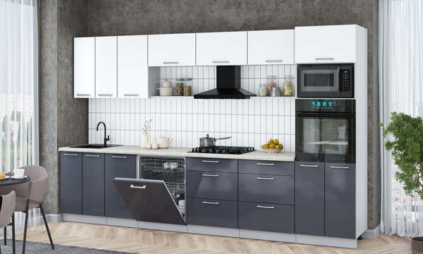 Изображение товара Кухонный гарнитур Интерлиния Мила Gloss 3.4-ПМ1-2 (асфальт глянец/белый/опал светлый)