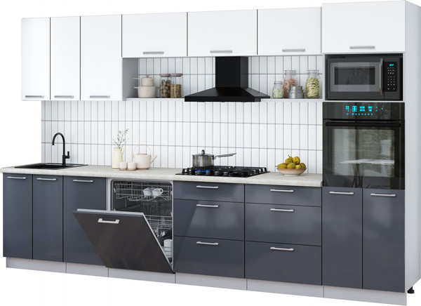 Изображение товара Кухонный гарнитур Интерлиния Мила Gloss 3.4-ПМ1-2 (асфальт глянец/белый/опал светлый)