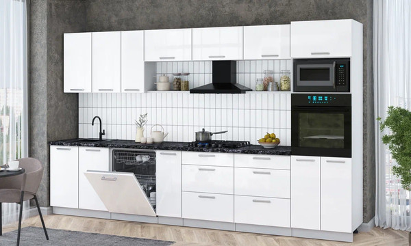 Изображение товара Кухонный гарнитур Интерлиния Мила Gloss 3.5-ПМ1-2 (белый глянец/белый глянец/кастилло темный)