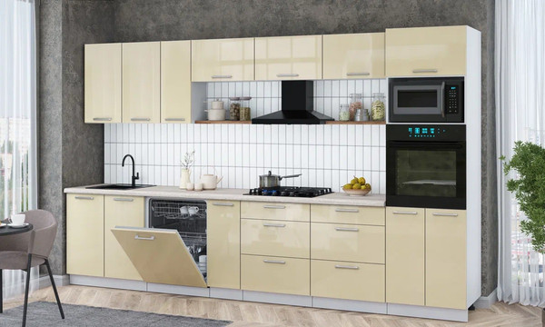 Изображение товара Кухонный гарнитур Интерлиния Мила Gloss 3.5-ПМ1-2 (ваниль глянец/ваниль глянец/травертин серый)