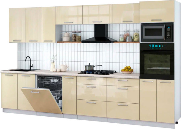 Изображение товара Кухонный гарнитур Интерлиния Мила Gloss 3.5-ПМ1-2 (ваниль глянец/ваниль глянец/травертин серый)