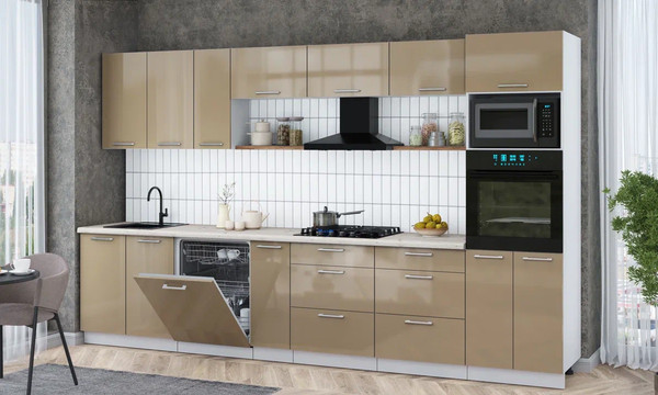 Изображение товара Кухонный гарнитур Интерлиния Мила Gloss 3.5-ПМ1-2 (капучино глянец/капучино глянец/бискайская сосна)