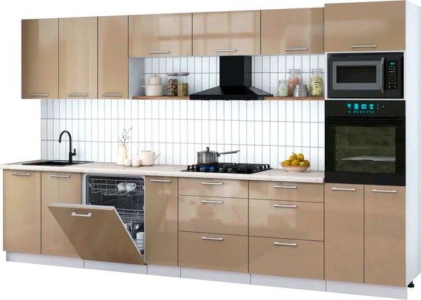 Изображение товара Кухонный гарнитур Интерлиния Мила Gloss 3.5-ПМ1-2 (капучино глянец/капучино глянец/бискайская сосна)