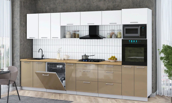 Изображение товара Кухонный гарнитур Интерлиния Мила Gloss 3.5-ПМ1-2 (капучино глянец/белый/дуб бунратти)